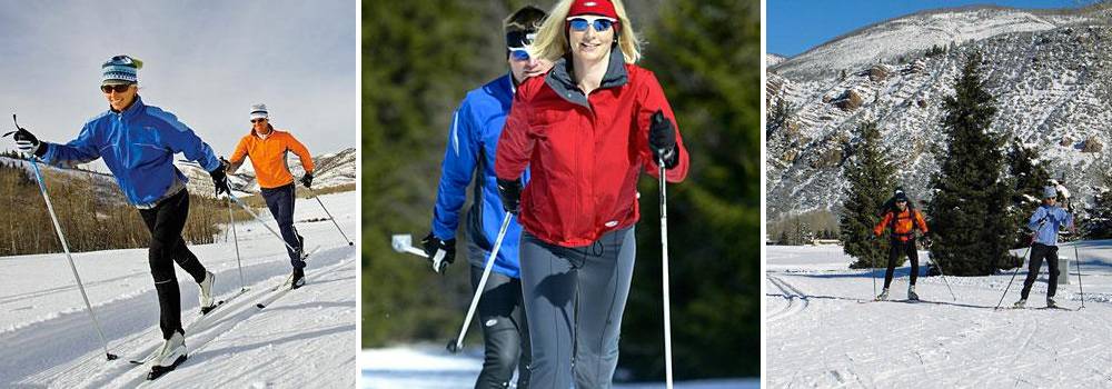 A trio of images of cross country skiers