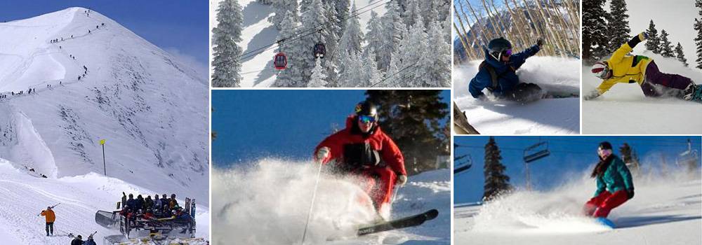 A collage of 6 images of skiers in the winter